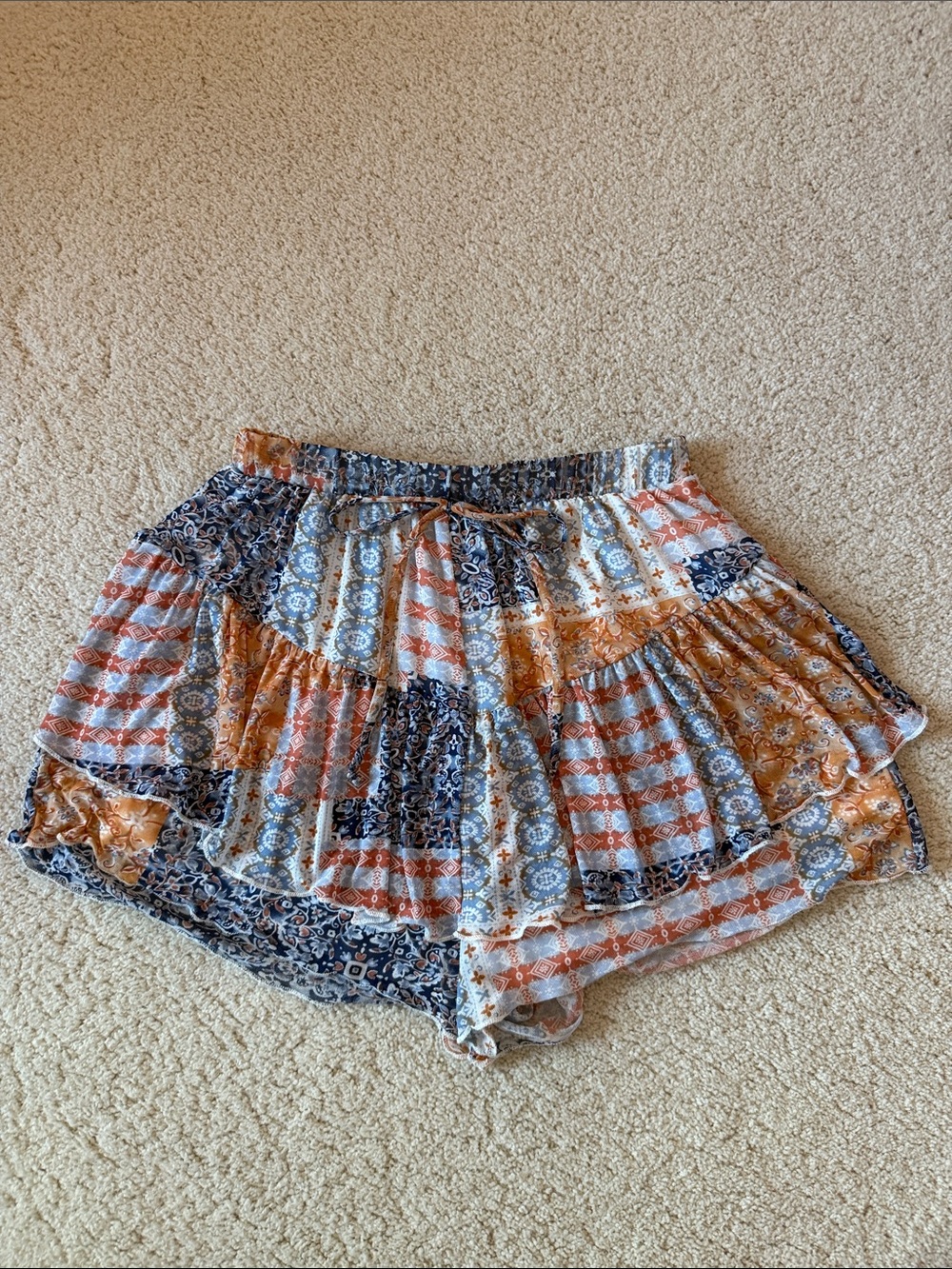 Altar'd State Multicolor Patchwork Shorts - Orange & Blue